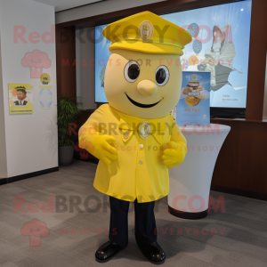 Yellow Police Officer mascot costume character dressed with a Dress Shirt and Shawl pins