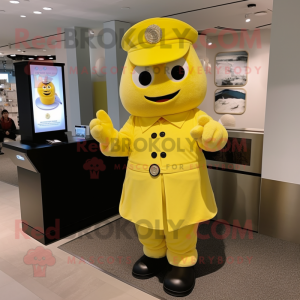 Yellow Police Officer mascot costume character dressed with a Dress Shirt and Shawl pins