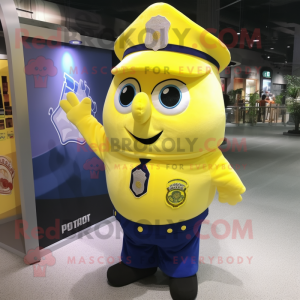 Yellow Police Officer mascot costume character dressed with a Dress Shirt and Shawl pins