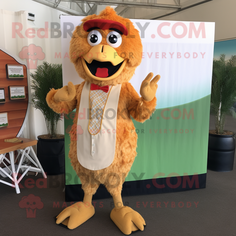 Tan Chicken Parmesan mascot costume character dressed with a Romper and Bow ties Tan Chicken Parmesan mascot costume character dressed with a Romper and Bow ties
