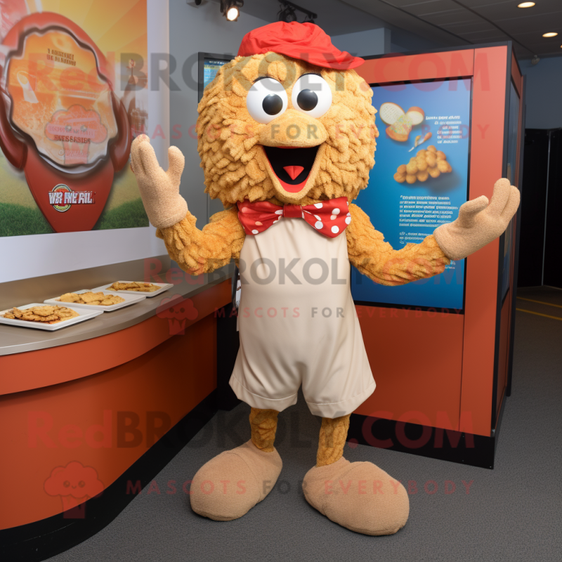 Tan Chicken Parmesan mascot costume character dressed with a Romper and Bow ties Tan Chicken Parmesan mascot costume character dressed with a Romper and Bow ties