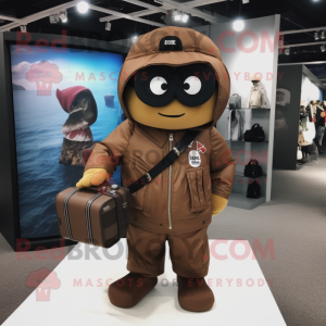 Brown Camera mascot costume character dressed with a Bomber Jacket and Messenger bags