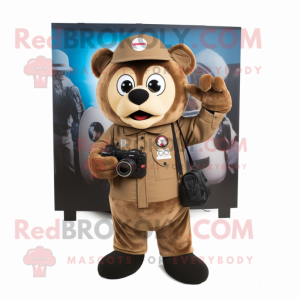 Brown Camera mascot costume character dressed with a Bomber Jacket and Messenger bags