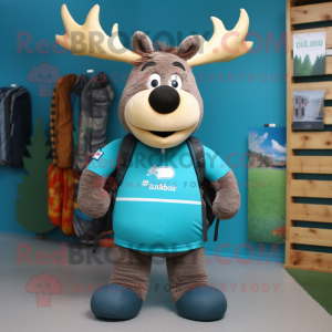 Teal Elk mascot costume character dressed with a Rugby Shirt and Backpacks