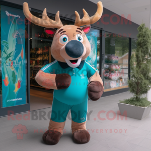 Teal Elk mascot costume character dressed with a Rugby Shirt and Backpacks