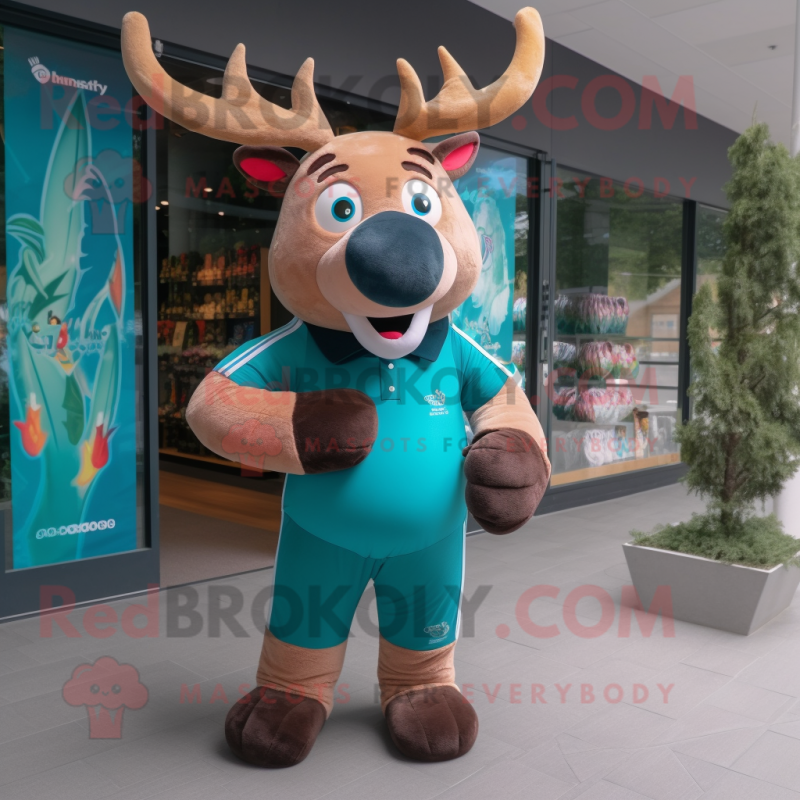 Teal Elk mascot costume character dressed with a Rugby Shirt and Backpacks Teal Elk mascot costume character dressed with a Rugby Shirt and Backpacks
