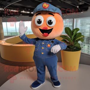 Peach Pepper mascot costume character dressed with a Denim Shirt and Brooches