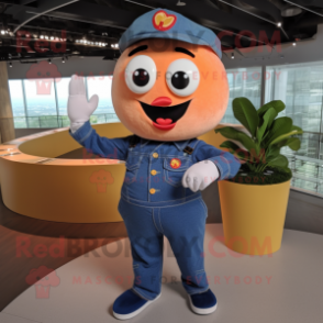 Peach Pepper mascot costume character dressed with a Denim Shirt and Brooches