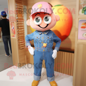 Peach Pepper mascot costume character dressed with a Denim Shirt and Brooches