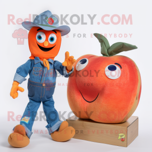 Peach Pepper mascot costume character dressed with a Denim Shirt and Brooches