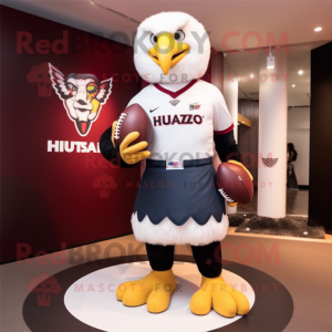 White Hawk mascot costume character dressed with a Rugby Shirt and Foot pads