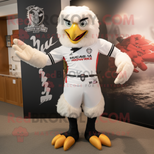 White Hawk mascot costume character dressed with a Rugby Shirt and Foot pads