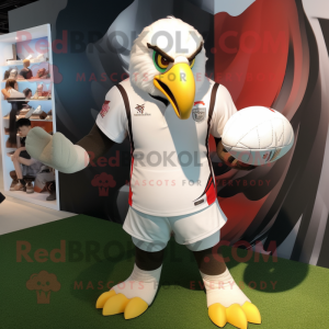 White Hawk mascot costume character dressed with a Rugby Shirt and Foot pads