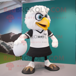 White Hawk mascot costume character dressed with a Rugby Shirt and Foot pads