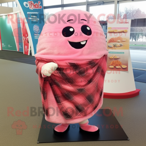 Pink Sushi mascot costume character dressed with a Flannel Shirt and Shawls