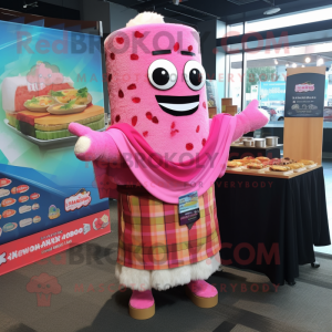 Pink Sushi mascot costume character dressed with a Flannel Shirt and Shawls