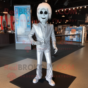 Silver Ghost mascot costume character dressed with a Skinny Jeans and Ties