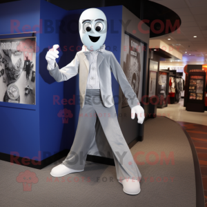 Silver Ghost mascot costume character dressed with a Skinny Jeans and Ties