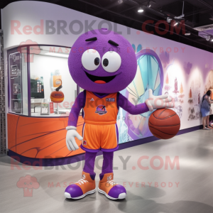 Purple Basketball Ball mascot costume character dressed with a Bermuda Shorts and Smartwatches