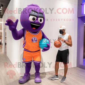 Purple Basketball Ball mascot costume character dressed with a Bermuda Shorts and Smartwatches