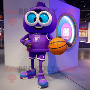 Purple Basketball Ball mascot costume character dressed with a Bermuda Shorts and Smartwatches
