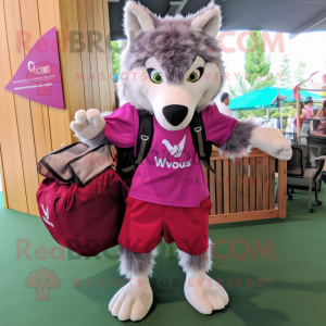 Magenta Say Wolf mascot costume character dressed with a Cargo Shorts and Tote bags