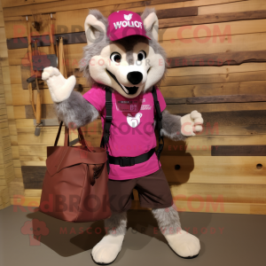 Magenta Say Wolf mascot costume character dressed with a Cargo Shorts and Tote bags