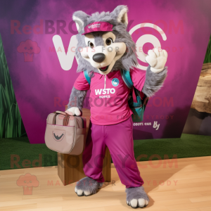 Magenta Say Wolf mascot costume character dressed with a Cargo Shorts and Tote bags