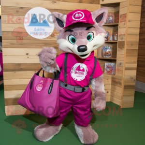 Magenta Say Wolf mascot costume character dressed with a Cargo Shorts and Tote bags