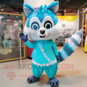 Cyan Raccoon mascot costume character dressed with a Culottes and Scarves