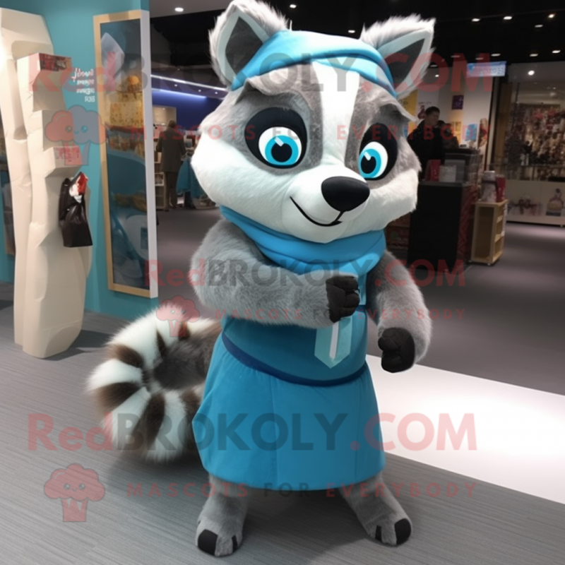 Cyan Raccoon mascot costume character dressed with a Culottes and Scarves Cyan Raccoon mascot costume character dressed with a Culottes and Scarves
