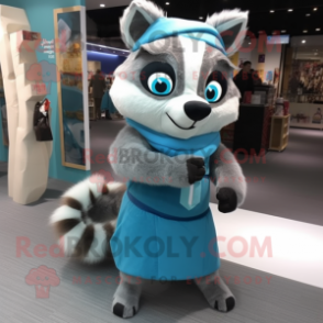 Cyan Raccoon mascot costume character dressed with a Culottes and Scarves