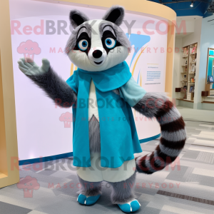 Cyan Raccoon mascot costume character dressed with a Culottes and Scarves