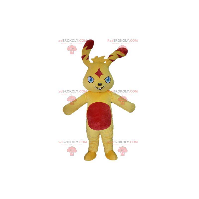 Mascotte di coniglio giallo e rosso colorato e originale -