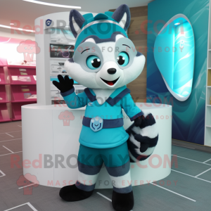 Cyan Raccoon mascot costume character dressed with a Culottes and Scarves