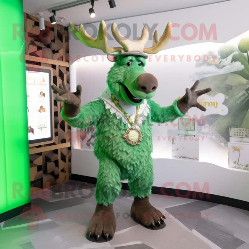 Green Moose mascot costume character dressed with a Suit and Necklaces Green Moose mascot costume character dressed with a Suit and Necklaces