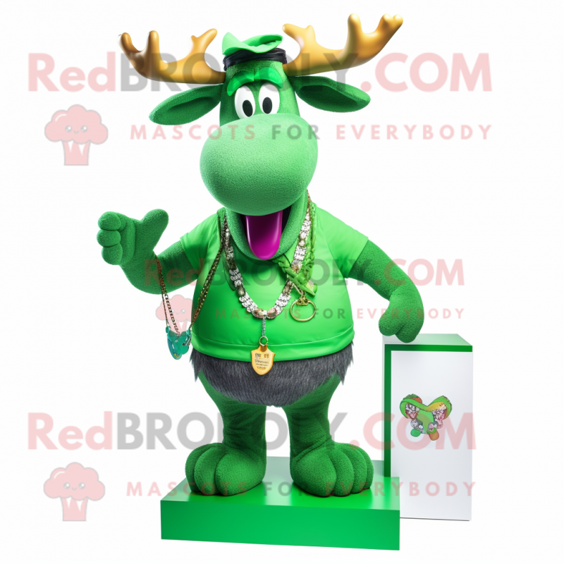 Green Moose mascot costume character dressed with a Suit and Necklaces