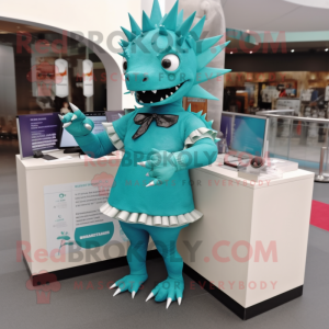 Turquoise Stegosaurus mascot costume character dressed with a Pencil Skirt and Cufflinks