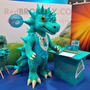 Turquoise Stegosaurus mascot costume character dressed with a Pencil Skirt and Cufflinks