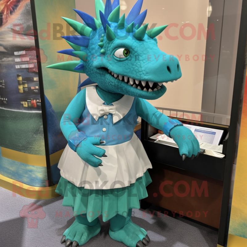 Turquoise Stegosaurus mascot costume character dressed with a Pencil Skirt and Cufflinks