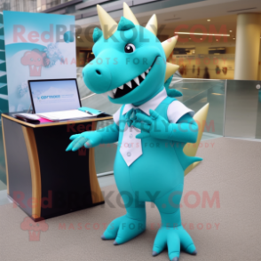 Turquoise Stegosaurus mascot costume character dressed with a Pencil Skirt and Cufflinks