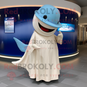 Beige Blue Whale mascot costume character dressed with a Empire Waist Dress and Caps