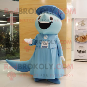 Beige Blue Whale mascot costume character dressed with a Empire Waist Dress and Caps