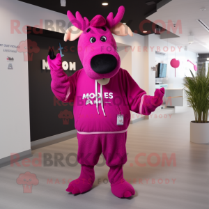 Magenta Moose mascot costume character dressed with a Hoodie and Lapel pins