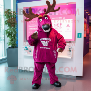 Magenta Moose mascot costume character dressed with a Hoodie and Lapel pins