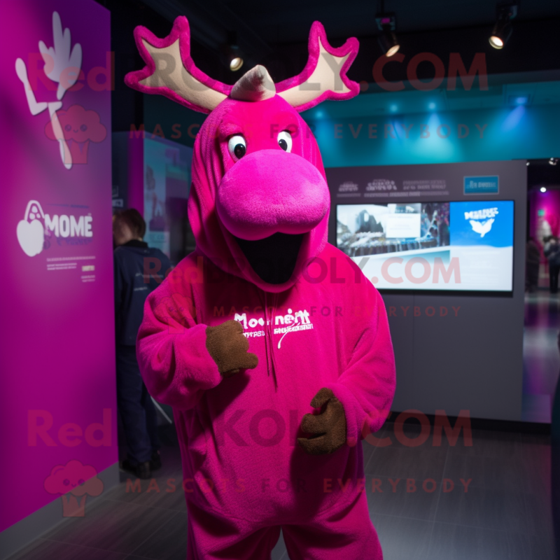 Magenta Moose mascot costume character dressed with a Hoodie and Lapel pins