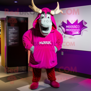 Magenta Moose mascot costume character dressed with a Hoodie and Lapel pins