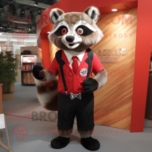 Red Raccoon mascot costume character dressed with a Vest and Tie pins