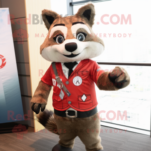 Red Raccoon mascot costume character dressed with a Vest and Tie pins