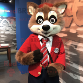 Red Raccoon mascot costume character dressed with a Vest and Tie pins